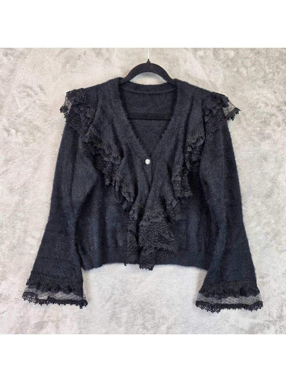 Belle Muse Cardigan Sweater Womens M Black Lace Ruffle V Neck Bell Sleeve